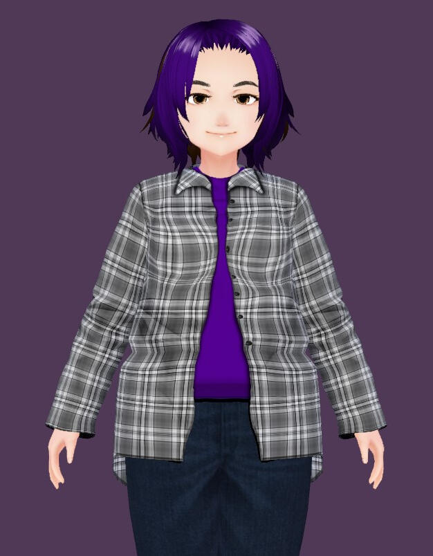 Profile picture of DI with her purple hair and favorite grey plaid flannel over a purple t-shirt.