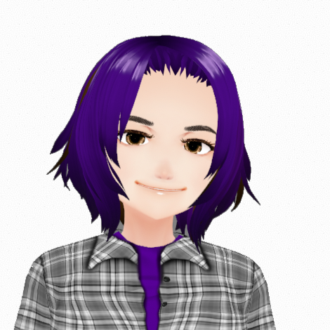 Profile picture of DI with her purple hair and favorite grey plaid flannel over a purple t-shirt.