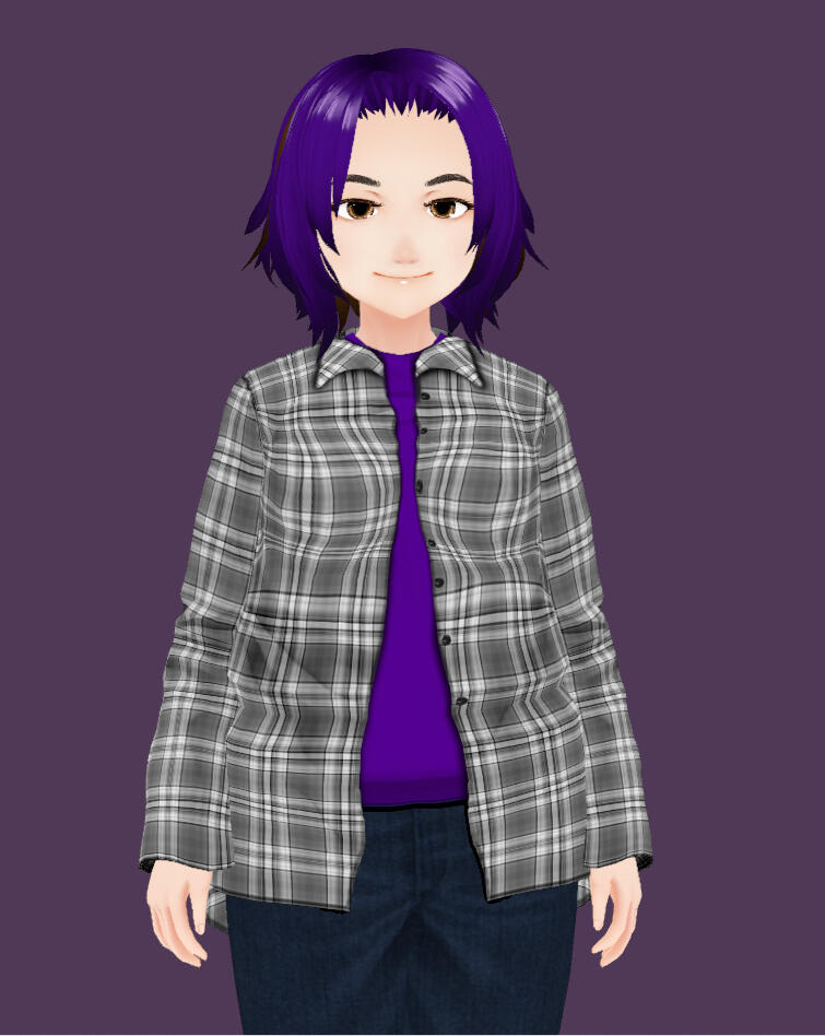 Profile picture of DI with her purple hair and favorite grey plaid flannel over a purple t-shirt.